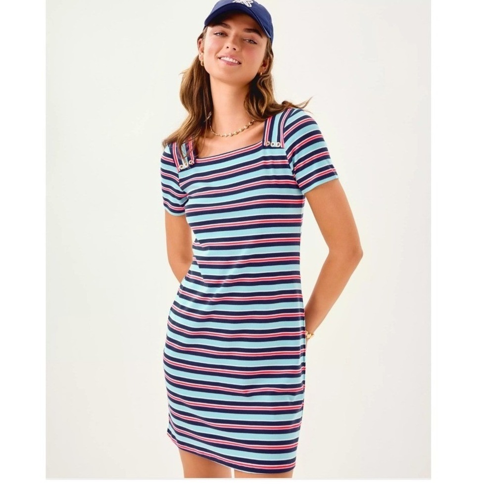 NWT Lilly Pulitzer Beaty Dress Firecracker Stripe Square Neck Cotton Knit Mini L